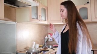 Russian Girl Dangling Cigs at home while Cooking in the Kitchen